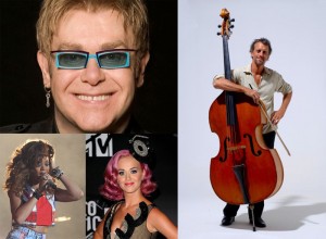 Elton John (no topo da imagem), Rihanna, Katy Perry (de cabelo rosa) e Bruce Henry (à direita)