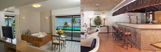 À esquerda, uma suíte master do Hotel Maceió Atlantic Suites; à direita, o Atlantic Café & Lounge Bar | Fotos: divulgação