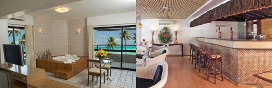 O gerente comercial do Hotel Maceió Atlantic Suites, Wagner Barros, a jornalista Gigi Accioly e o saxofonista Beto Saroldi em momento de autógrafo À esquerda, uma suíte master do Hotel Maceió Atlantic Suites; à direita, o Atlantic Café & Lounge Bar | Fotos: divulgação