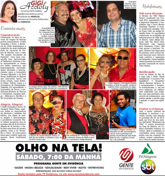 Coluna Gigi Accioly, de 21 a 27 de janeiro de 2013 no Jornal Primeira Edição