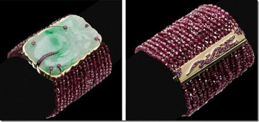 CRIS PORTO CRIA PEÇAS AUTORAIS, ARTESANAIS E EXCLUSIVAS Pulseira Dragon, em Ouro amarelo, Jade, Rodolitas e Rubis, com o fecho em forma de dragão cravado com Rubis. O dragão passeia por cima do Jade antes de se tornar fecho e deixa sua cauda marcando sua passagem